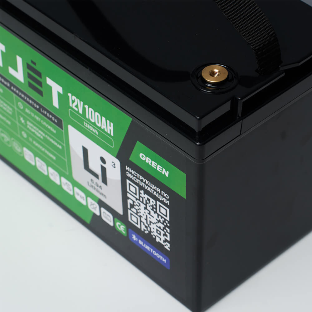 Литиевый аккумулятор тяговый LITJET GREEN LiFePO4 12V 100Ah 1280Wh с Bluetooth IP65 2 Литиевый аккумулятор тяговый LITJET GREEN LiFePO4 12V 100Ah 1280Wh w Bluetooth IP65 вид сбоку