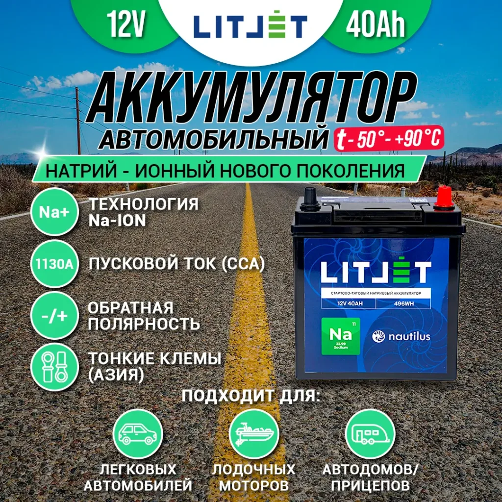 Натриевый аккумулятор стартово-тяговый LITJET Na+ 12V 40Ah 496Wh 1130CCA 10 Натриевый аккумулятор стартово-тяговый LITJET Na+ 12V 40Ah инфографика