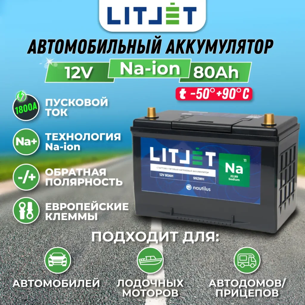 Натриевый аккумулятор стартово - тяговый LITJET Na+ 12V 80Ah 992Wh 1800CCA 8 Натриевый аккумулятор стартово – тяговый LITJET 12V 80Ah инфографика