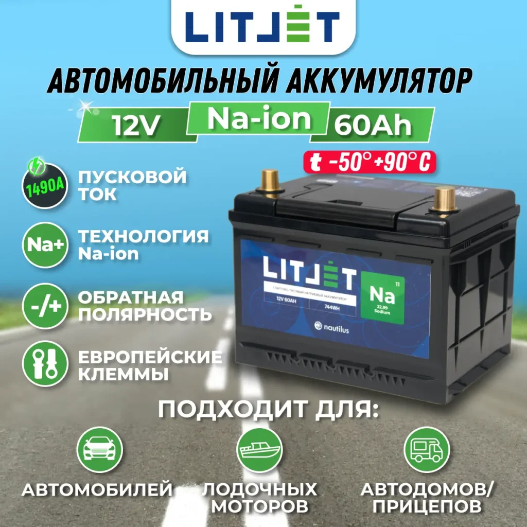 Натриевый аккумулятор стартово - тяговый LITJET Na+ 12V 60Ah 744Wh 1490CCA 10 Натриевый аккумулятор стартово - тяговый LITJET Na+ 12V 60Ah 744Wh инфографика