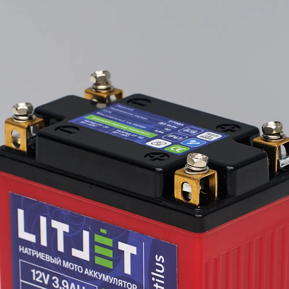 Натриевый стартовый мото аккумулятор 12V 3,9Ah 48Wh 80CCA YTX4A уни. плюс 3 Натриевый стартовый мото аккумулятор 12V 3,9Ah 48Wh 80CCA YTX4A уни. плюс клеммы