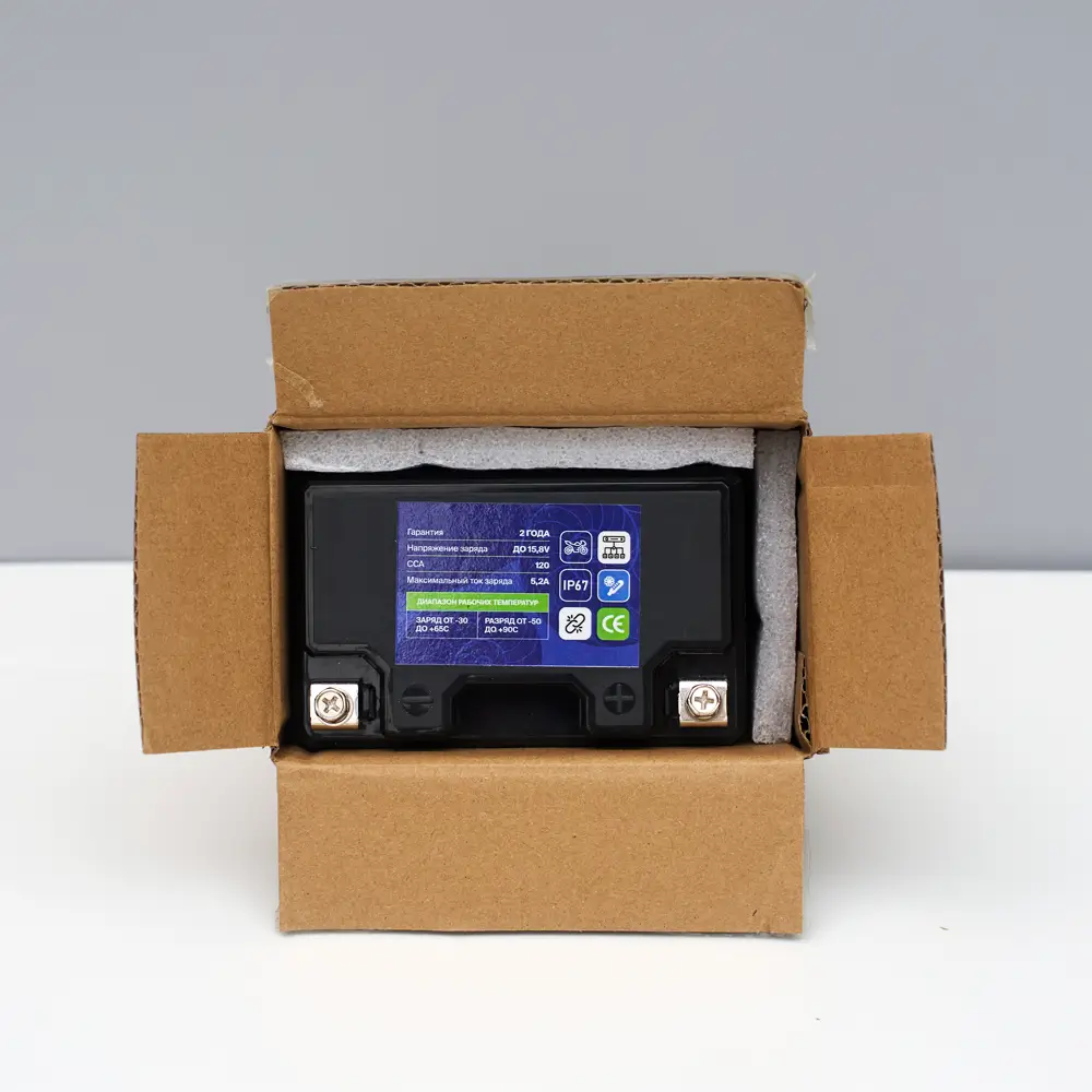 Натриевый стартовый мото аккумулятор 12V 5,2Ah 64,5Wh 120CCA YTX5A R+ 6 Натриевый стартовый мото аккумулятор 12V 5,2Ah 64,5Wh 120CCA YTX5A L+ упаковка