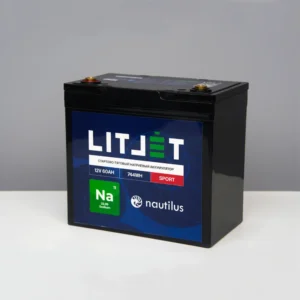Натриевые аккумуляторы для автомобилей в продаже! 1 Натриевый аккумулятор стартовый СПОРТ тяговый LITJET Na+ 12V 60Ah 744Wh 1530CCA вид спереди