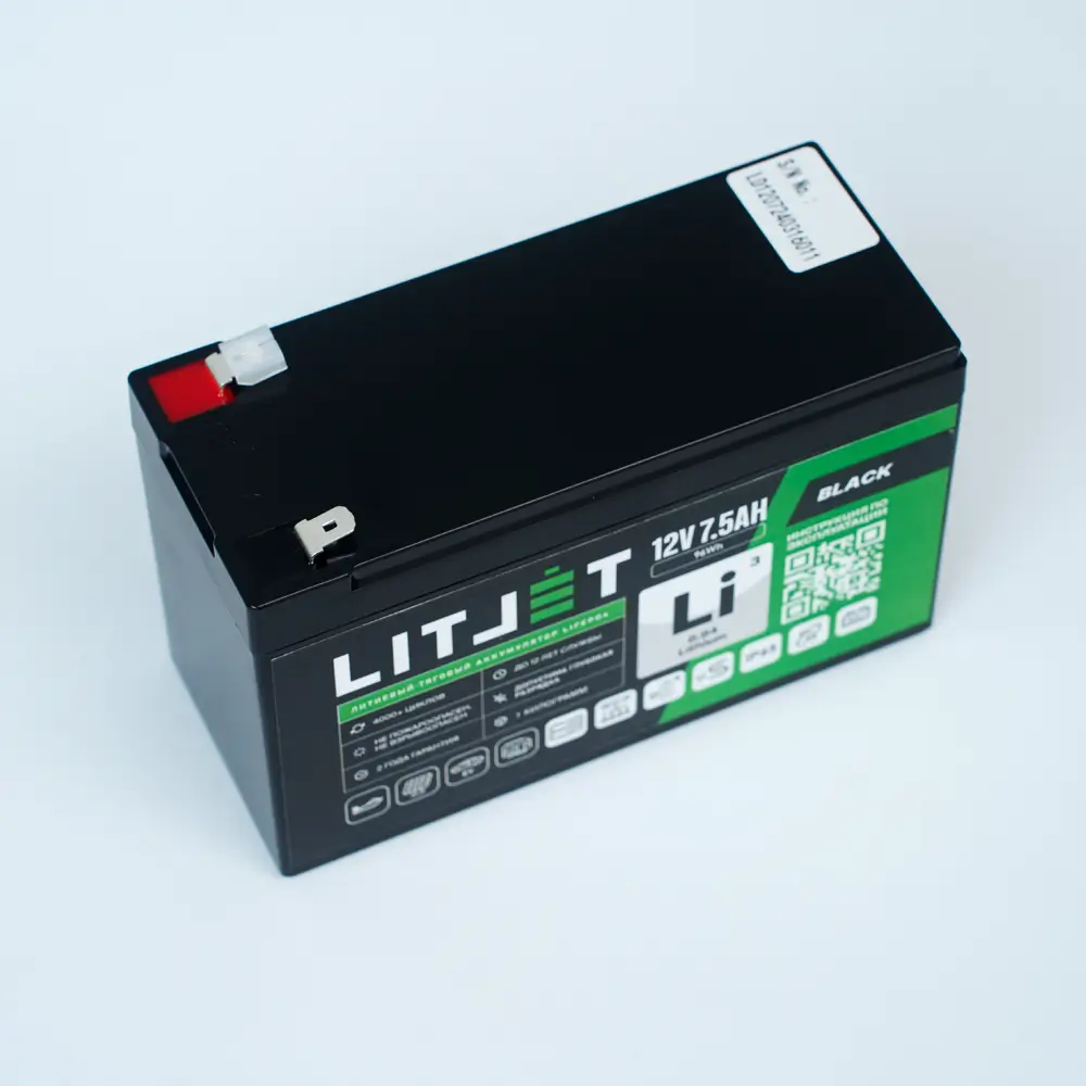 Литиевый аккумулятор тяговый LITJET BLACK LiFePO4 12V 7,5Ah 96Wh 5 Литиевый аккумулятор тяговый LITJET BLACK LiFePO4 12V 7,5Ah 96Wh вид сверху