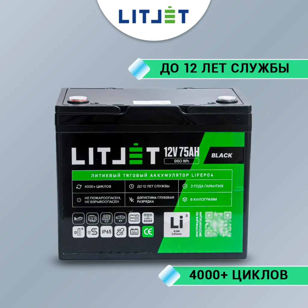 Литиевый аккумулятор тяговый LITJET GREEN LiFePO4 12V 75Ah 960Wh с Bluetooth IP65 инфографика корпус