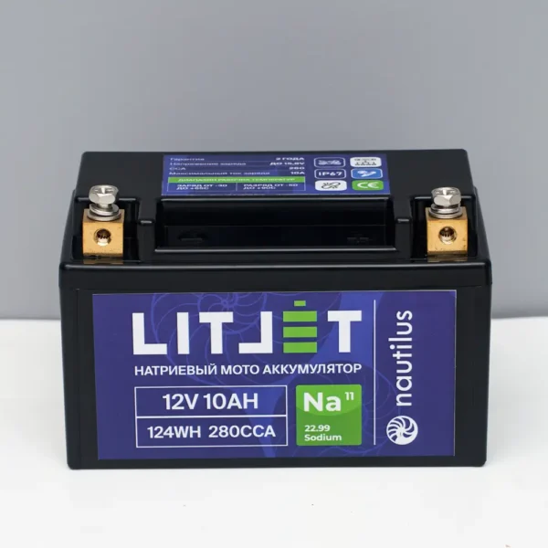 Натриевый стартовый мото аккумулятор 12V 10Ah 124Wh 250CCA YTX7A L+