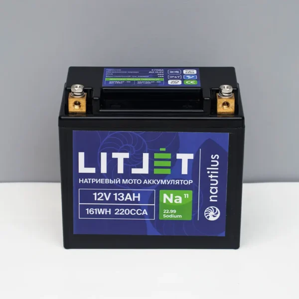 Натриевый стартовый мото аккумулятор 12V 13Ah 161Wh 300CCA YTX14A L+ вид спереди