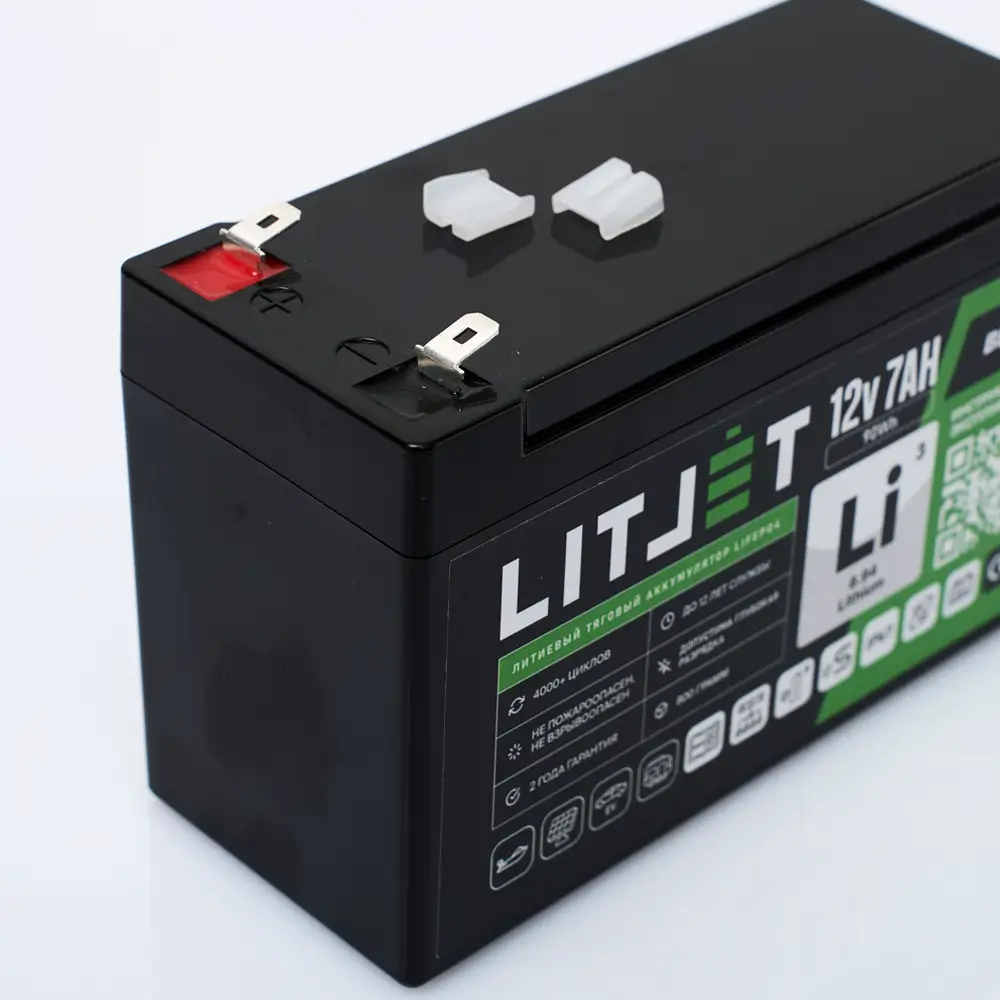 Литиевый аккумулятор тяговый LITJET BLACK LiFePO4 12V 7Ah 90Wh IP67 5 аккумулятор тяговый LITJET BLACK LiFePO4 12V 7Ah вид сверху