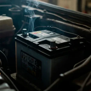 Аккумулятор под капотом автомобиля, идет дым из корпуса