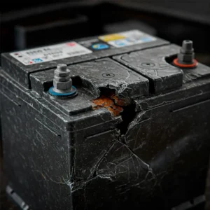 Черный аккумулятор с большой трещиной в корпусе и видимой внутренней коррозией