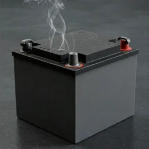Черный аккумулятор с дымом, поднимающимся из отверстия на крышке