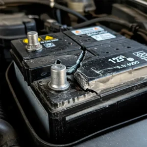 Черный аккумулятор с крупной трещиной по центру верхней части корпуса