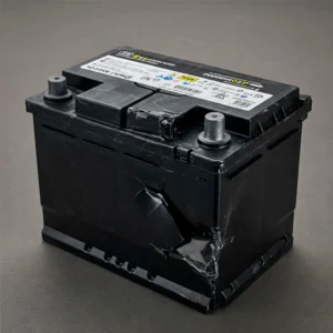 Черный аккумулятор с сильным механическим повреждением и трещиной в корпусе