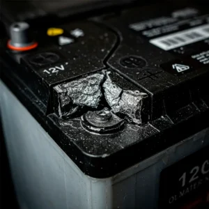 Поврежденная клемма черного аккумулятора с отколовшимися частями пластика