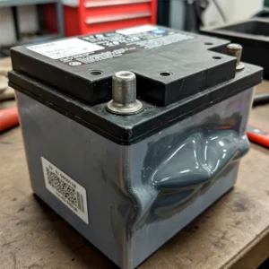 Сильно деформированный и вздутый серый аккумулятор 12В