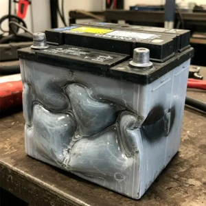 Серый 12В аккумулятор с сильно вздутой боковой стенкой на рабочем столе