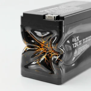 Сильно вздутый черный аккумулятор 12В с эффектом свечения под корпусом