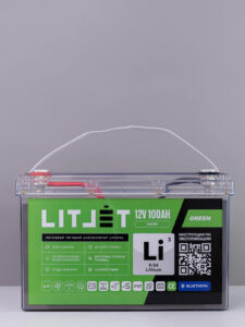 тяговый аккумулятор lifepo4 12v 100ah в прозрачном корпусе вид спереди