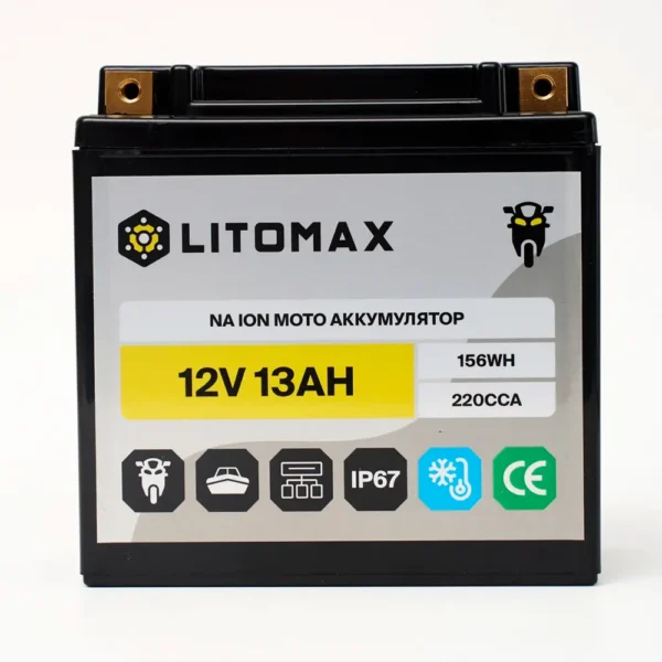 Натриевый стартовый мото аккумулятор LITOMAX Na+ 12,4V 13Ah 220CCA YTX14A R+