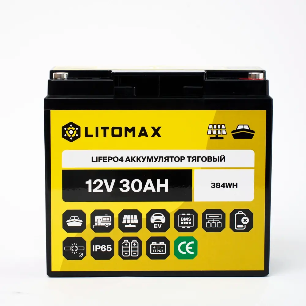 Литиевый аккумулятор тяговый LITOMAX LiFePO4 12V 30Ah 384Wh 1 Литиевый аккумулятор тяговый LITOMAX LiFePO4 12V 30Ah 384Wh IP65