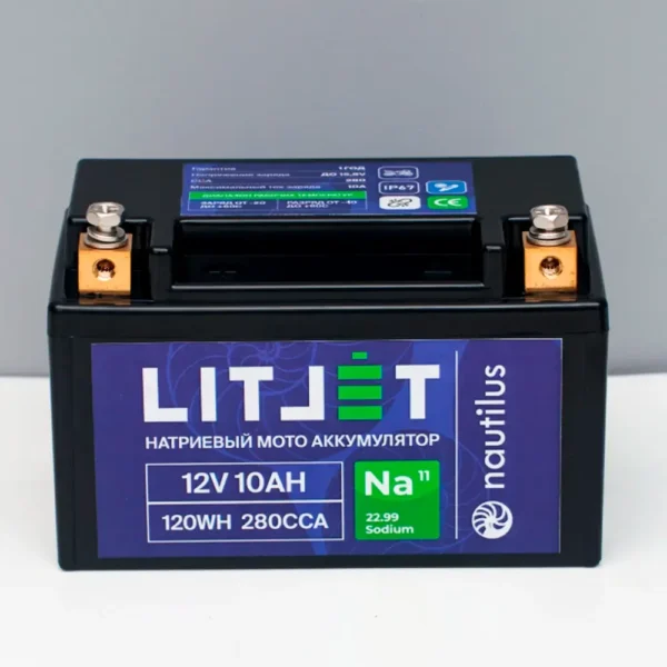 Стартовый мото аккумулятор LITJET Na+ 12V 10Ah 120Wh 280CCA YTX7A IP67 L+